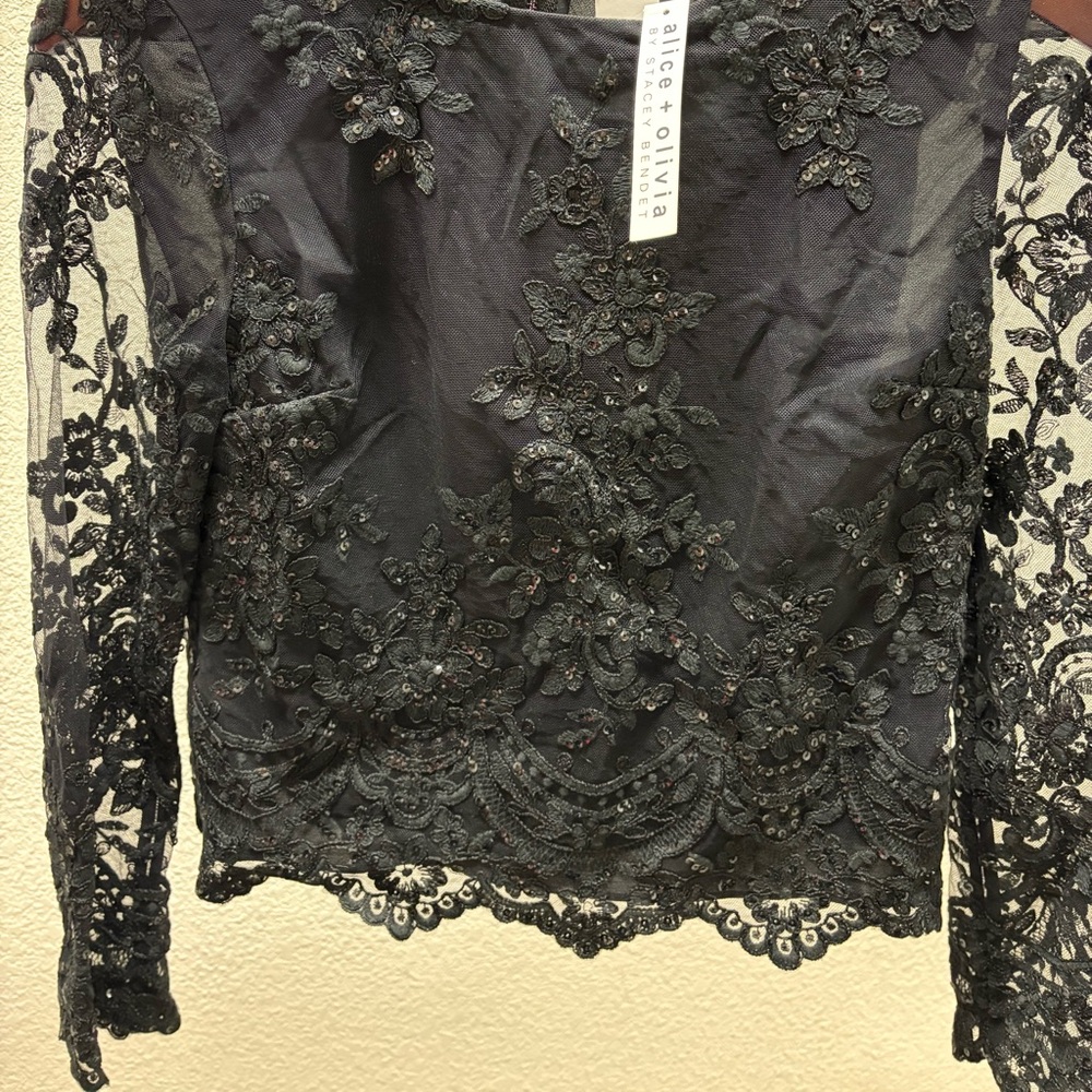 Alice + Olivia Charcoal Lace Blouse